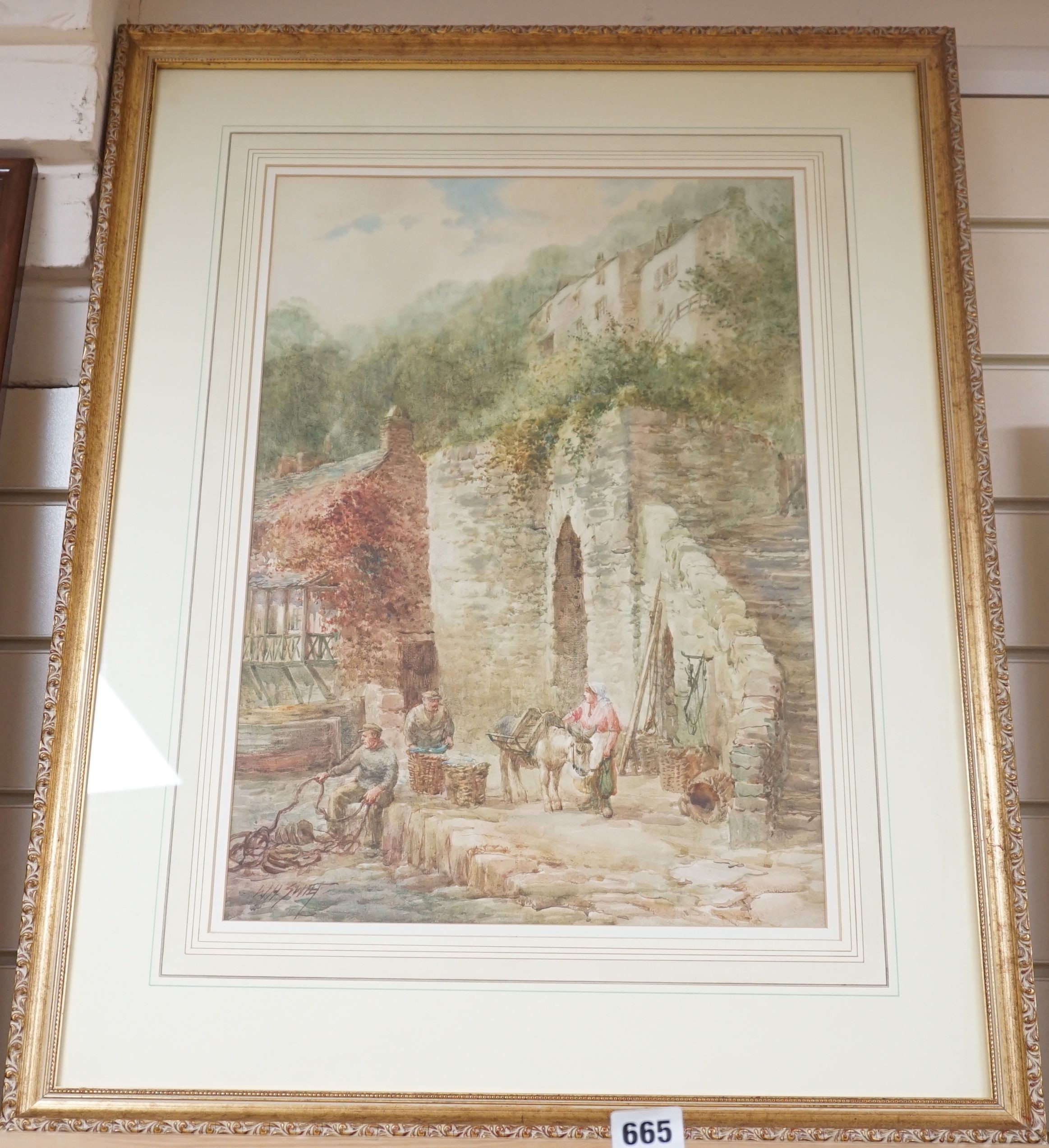 Walter H. Sweet (1890-1943), Clovelly, beach scene loading fish, watercolour, 52 x 35cm